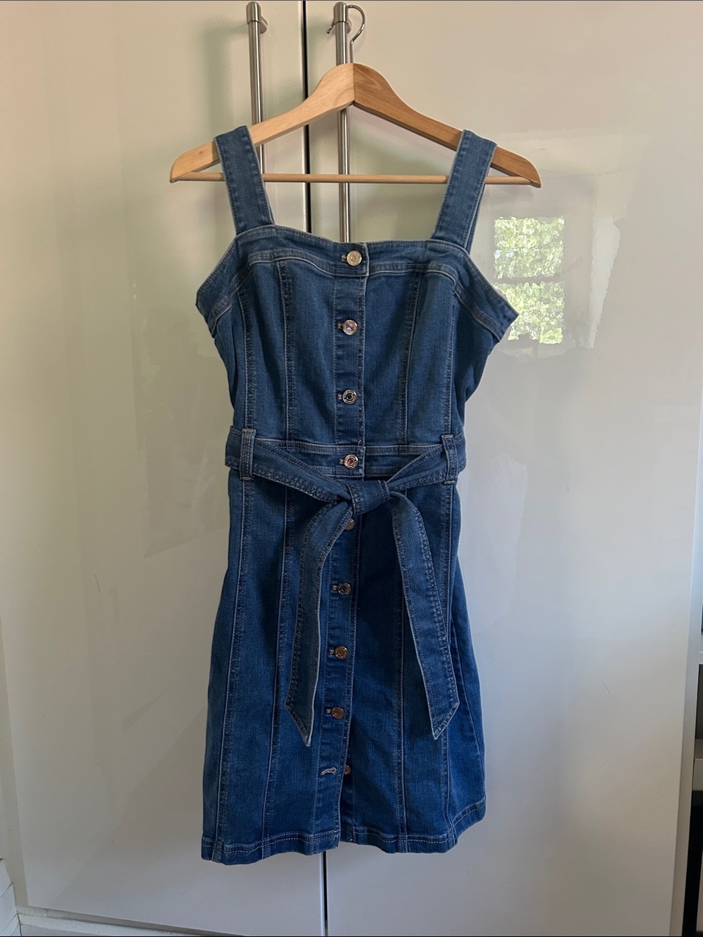 White House Black Market Dark Blue Denim Button-Front Midi Dress with Tie Waist